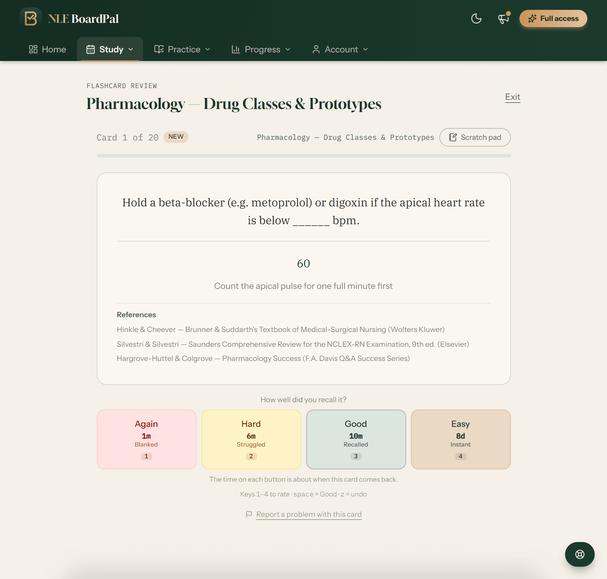 BoardPal flashcard review: a pharmacology card flipped to its answer, with Again, Hard, Good, and Easy rating buttons showing when the card returns