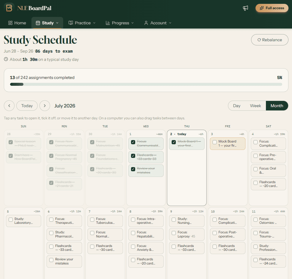 BoardPal study schedule: a month view of daily tasks with a days-to-exam countdown and progress bar