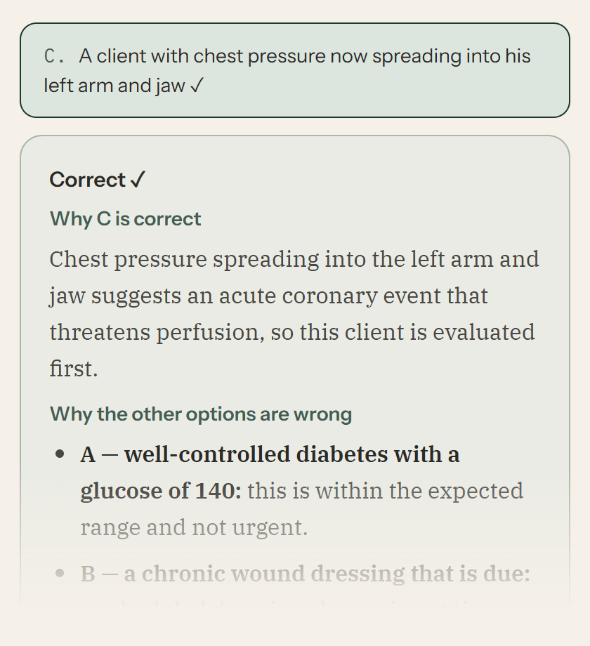 A preview of the new rationale format after answering a practice question: a short paragraph titled 'Why C is correct', then a bulleted list titled 'Why the other options are wrong' explaining each option one by one, fading out at the bottom.